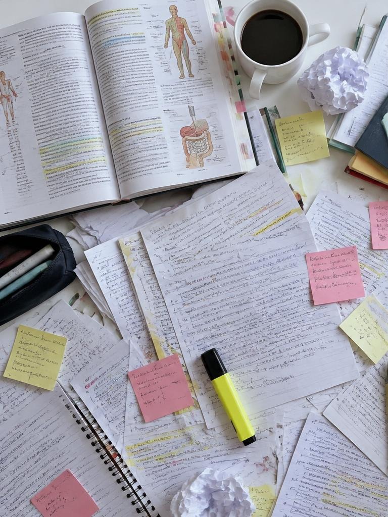 Mesa com livros, anotações e papéis desorganizados